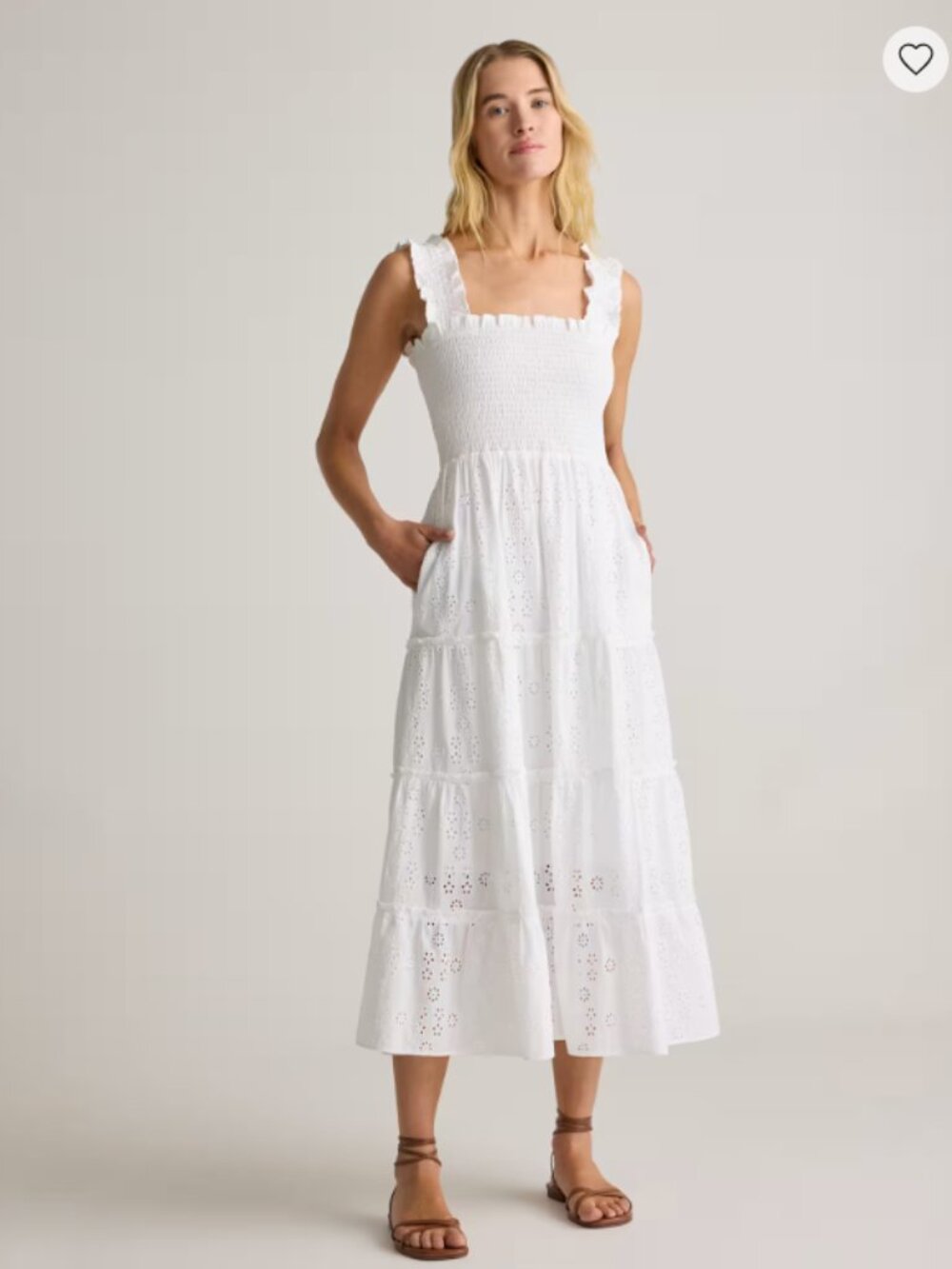 Quince 100% Organic Cotton Eyelet Smocked Midi Dress White XS